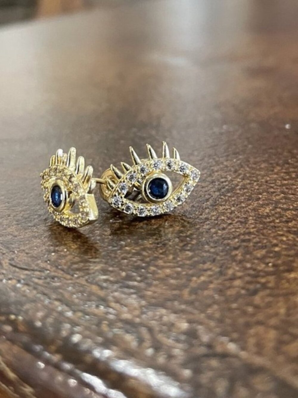 Gold Boho Evil Eye Protection Stud Earrings Blue Clear CZ | Eyelash | Talisman - Picture 2 of 13